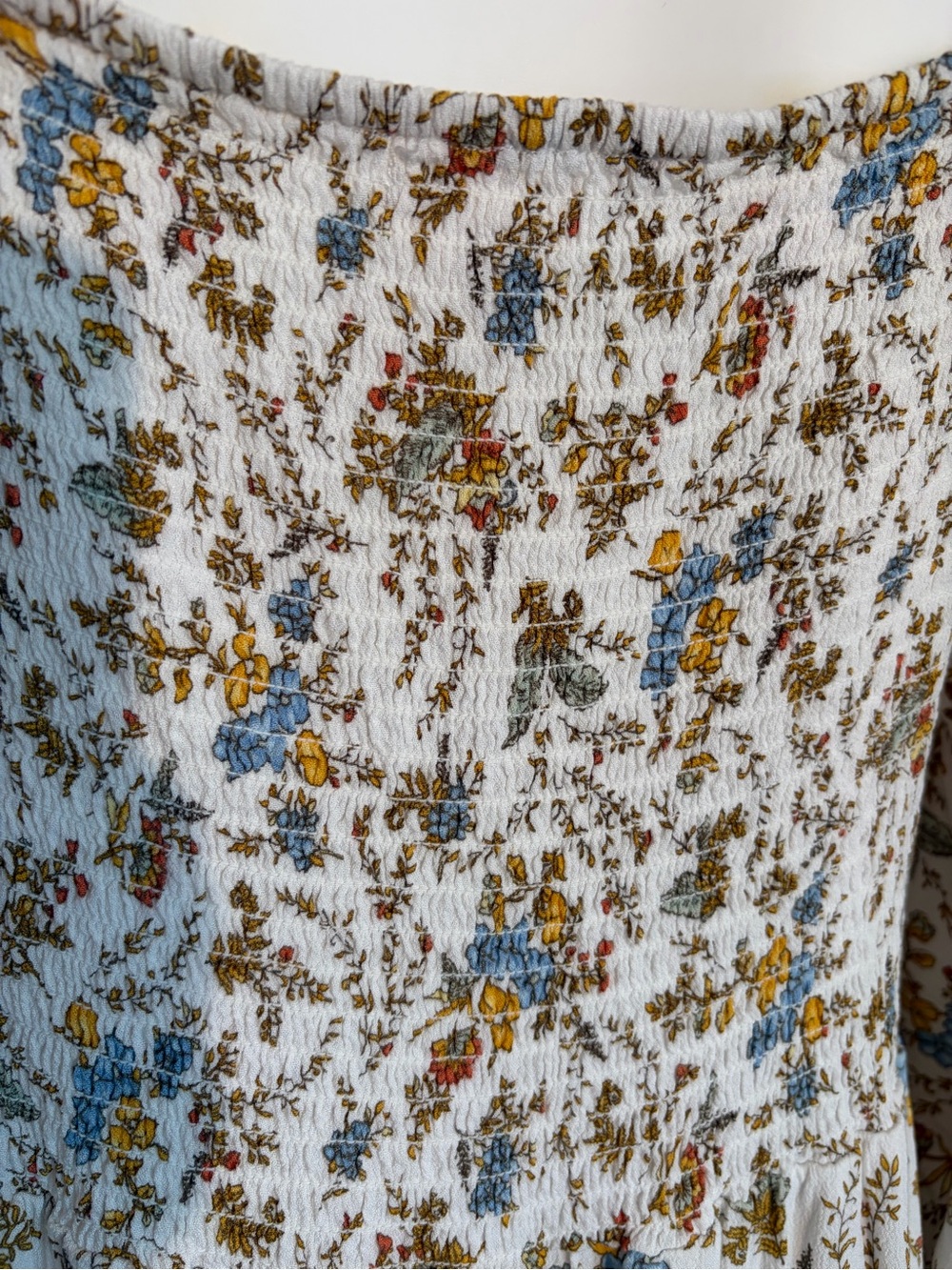 #875 a.n.a BoHo White Floral Smocked Maxi Dress with Blue and Yellow Blossoms - Picture 8 of 11